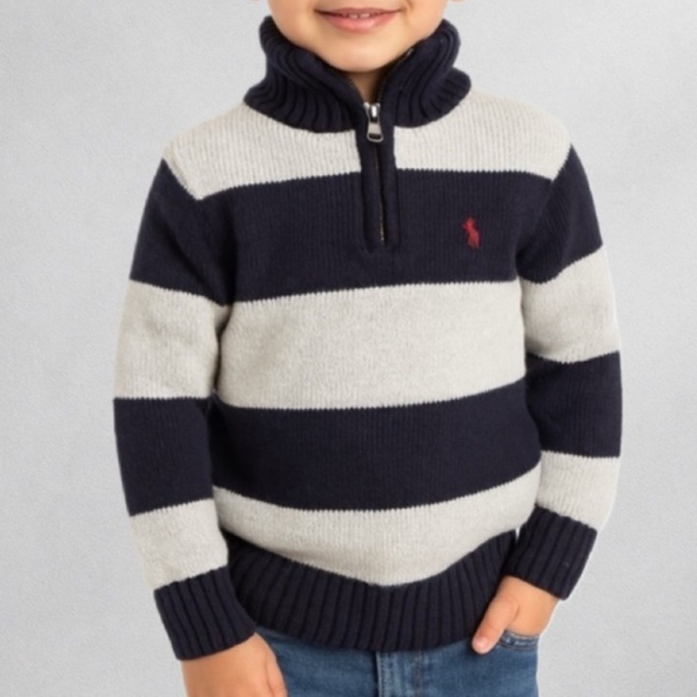 Polo Ralph Lauren Knit Boy Youth Sweater Small Black Ivory Striped Quarter Zip